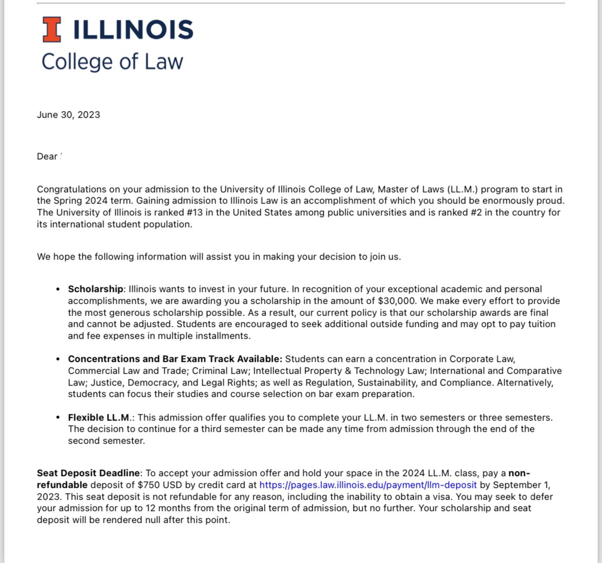 University of Illinois Acceptance Letter